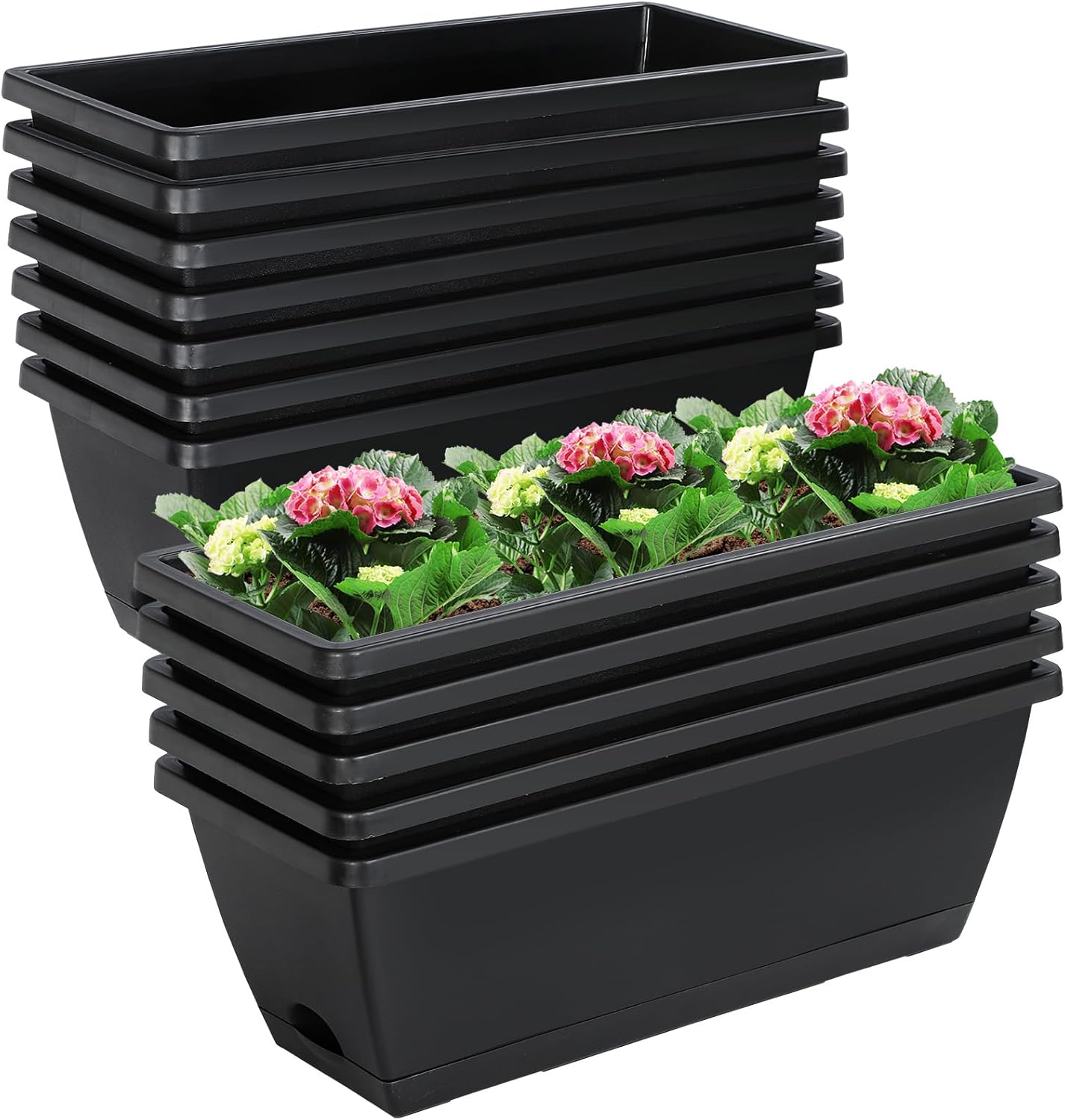 12Pcs 17Inches Rectangle Planter Box with Drainage Holes and Trays Plastic Planters Flower Boxes Pots for Indoor Outdoor Plants Patio Garden Home Decor Porch Yard (Black)