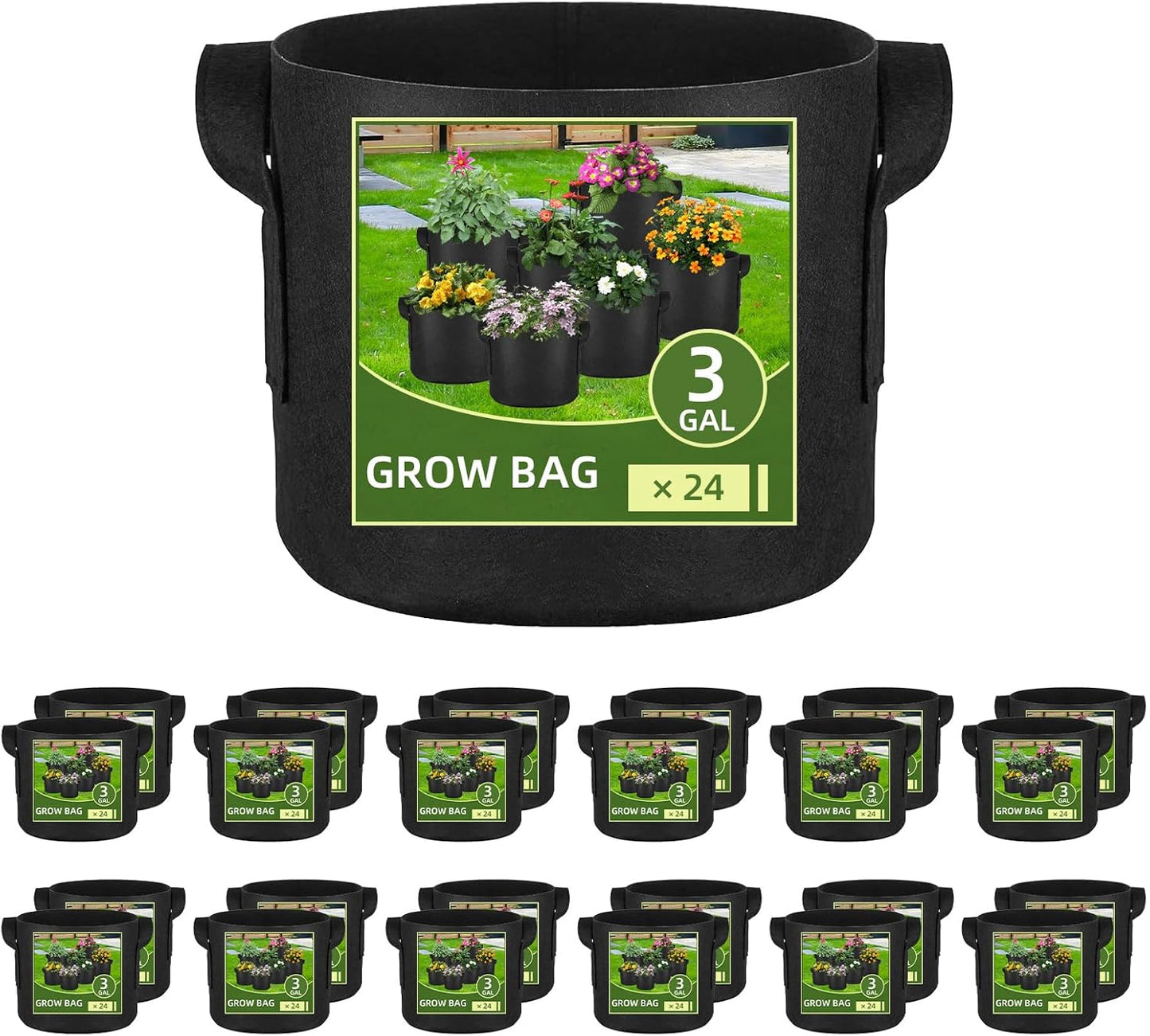 24 Pack 3 Gallon Grow Bags, Heavy Duty Thickened Aeration Fabric Pots with Handles for Vegetable/Flower/Plant