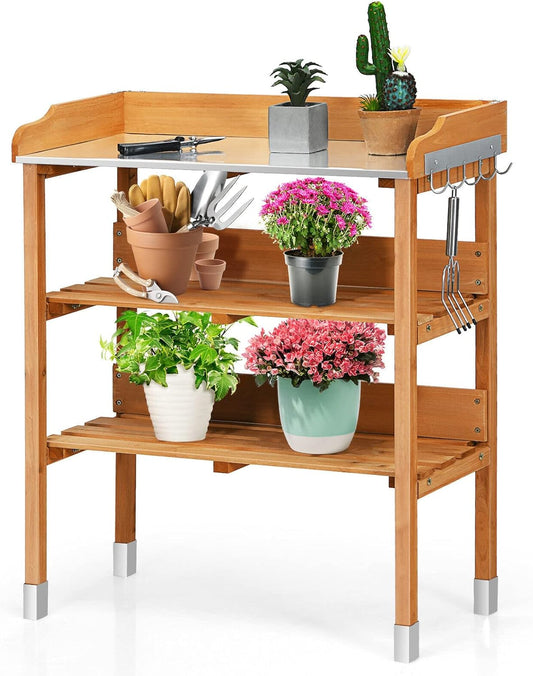 S AFSTAR Potting Bench, Work Station with Fir Wood Construction & Metal Tabletop, Garden Planting Table w/Open Shelves and Hanging Hooks, Gardening Table Potting Table for Outside Backyard Balcony