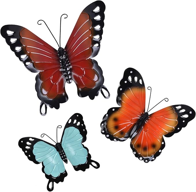EASICUTI Metal Butterfly Wall Decor Butterfly Wall Art Hanging Sculpture For Indoor Outdoor Home Bathroom Living Room Bedroom Or Porch Patio Fence Orange Red Blue Set Of 3
