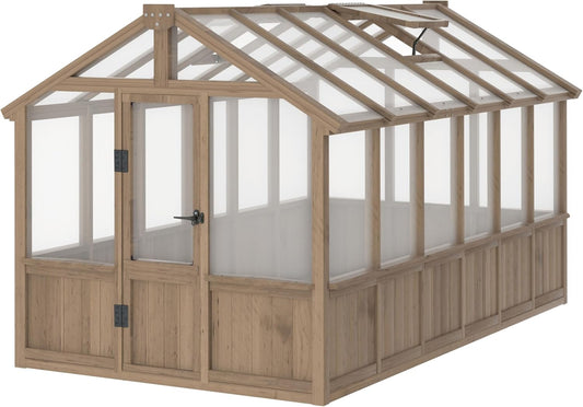 BlueWish 6x12FT Greenhouse, Wood Greenhouses with 6MM Thick Polycarbonate, Adjustable Vent, Cedar Frame, Greenhouse for Outside, Garden, Backyard,Light Brown Mocha