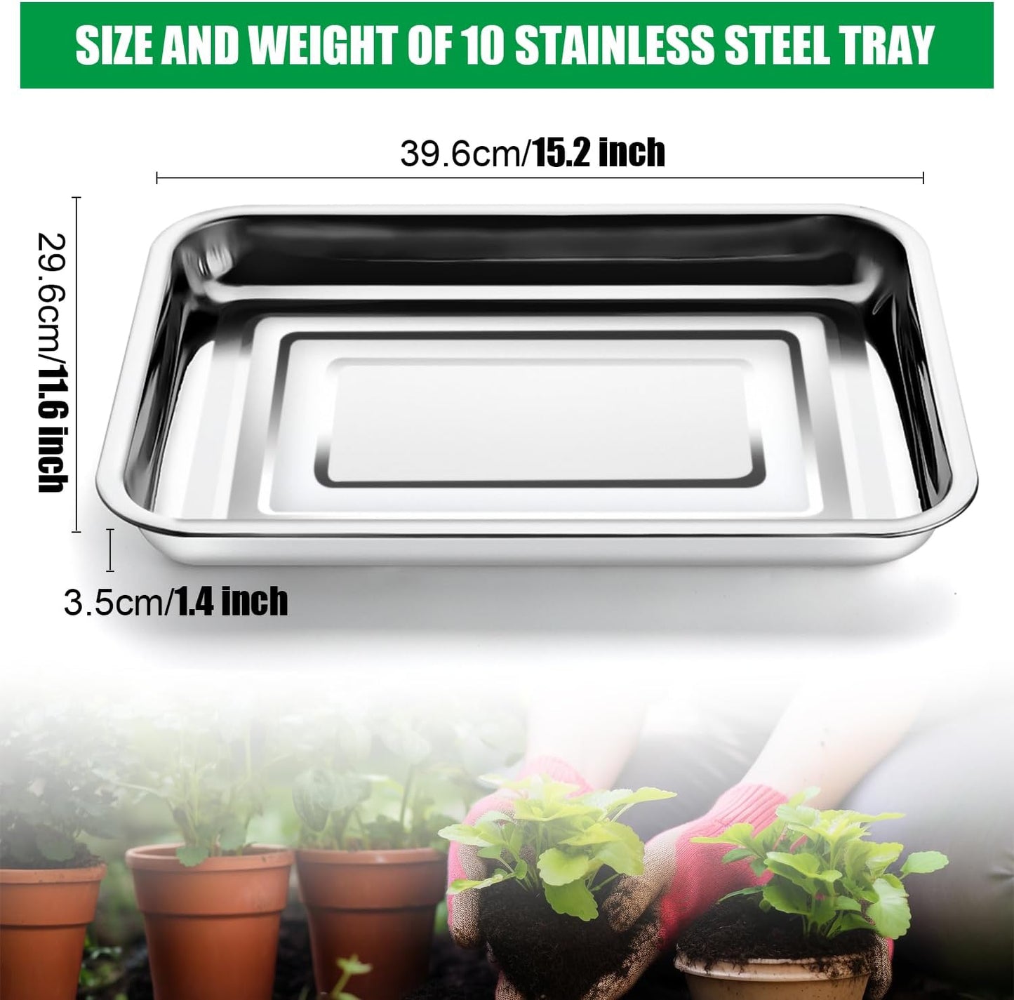 Stainless Metal Trays, Stainless Steel Seed Starter Carry Tray Fit 54 Cell Plug Tray, Nursery Seedling Pots Water Collection Transplantation (11.6 inch×15.2 inch, 1.45" Height, 10-Pack)