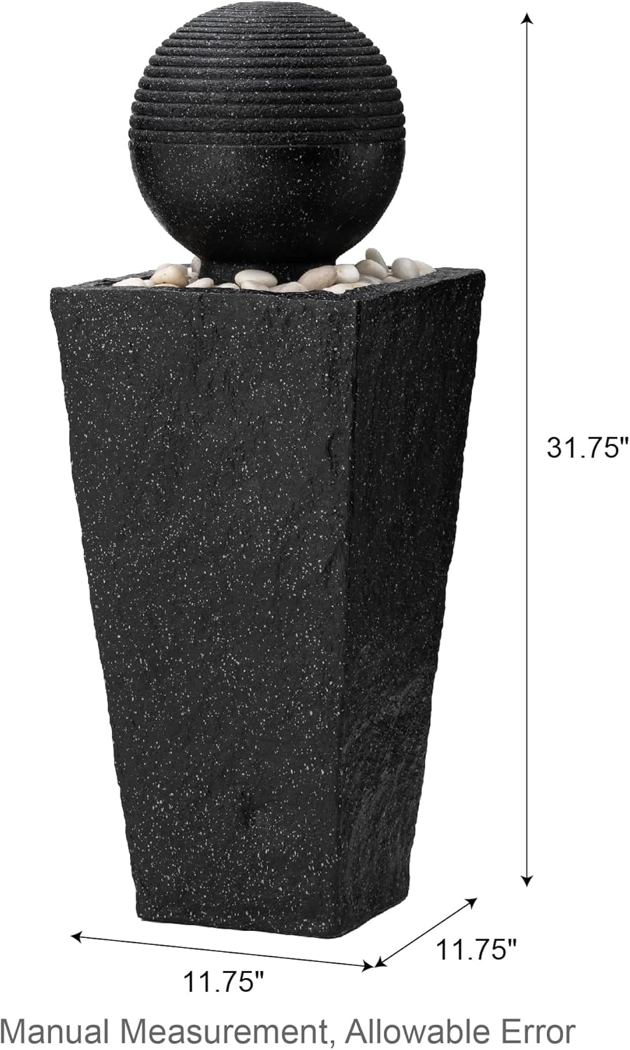 Glitzhome Outdoor Water Fountain with LED Light, Decorative Black Pedestal Water Fountains with Submersible Pump, Modern Sphere Floor Fountain with Pebbles for Garden Patio Decor Porch, 31.75”H