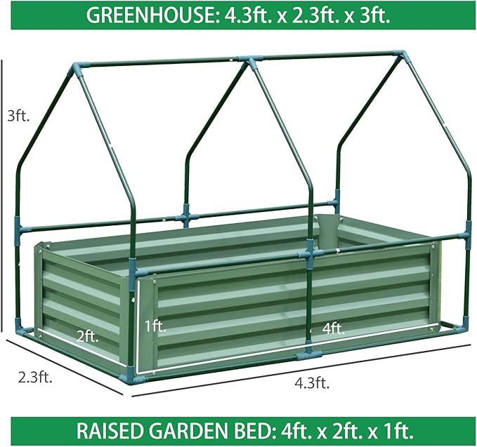 Aoodor 4 x 2 x 1 ft Raised Garden Metal Bed, Mini Greenhouse Kit with 2 Roll-up Zipper Doors, for Vegetables, Herbs and Flowers