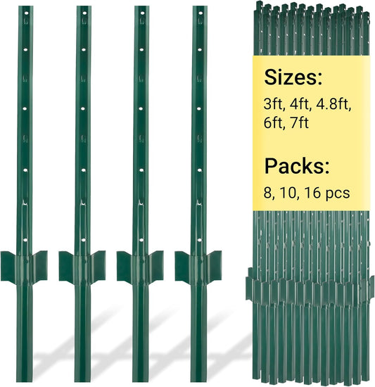 Fence Post 3 FT - 10 Packs, Metal Heavy Duty U Posts, Powder-Coated for Long-Lasting Use, Perfect for Holding Wire &Plastic Mesh, Corner Anchors, Green