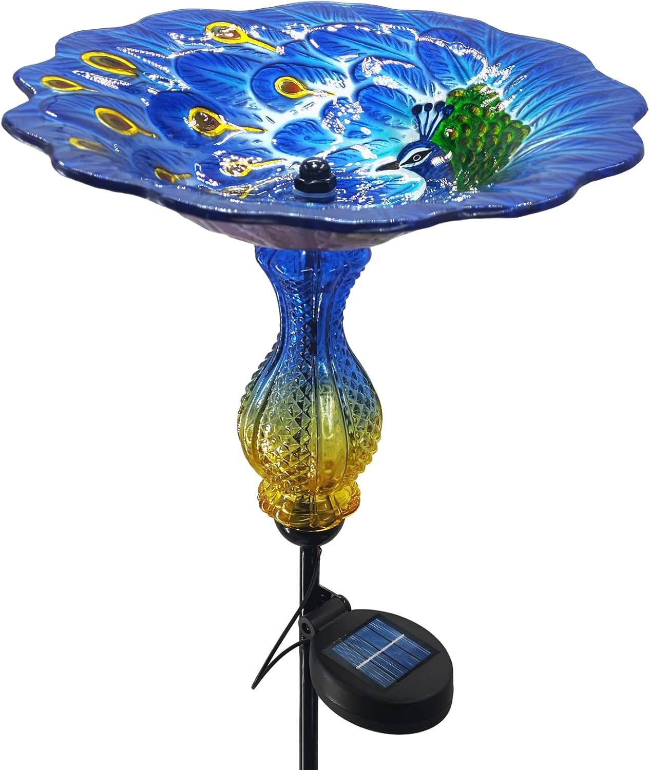 John's Studio Peacock Bird Bath for Outdoor - Glass Bowl Solar Light Bird Baths Cage Outside Dish Bird Feeder with Metal Stake for Garden, Yard and Patio - Blue 32 inches