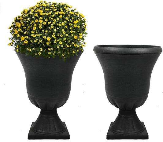 Worth Garden 2-Pack Plastic Urn Planters for Outdoor Plants, 22'' Black Tall Round Classic Resin Traditional Flower Pots - 15 in. Dia. Large Imitation Stone Decorative Pot Patio Deck Front Porch