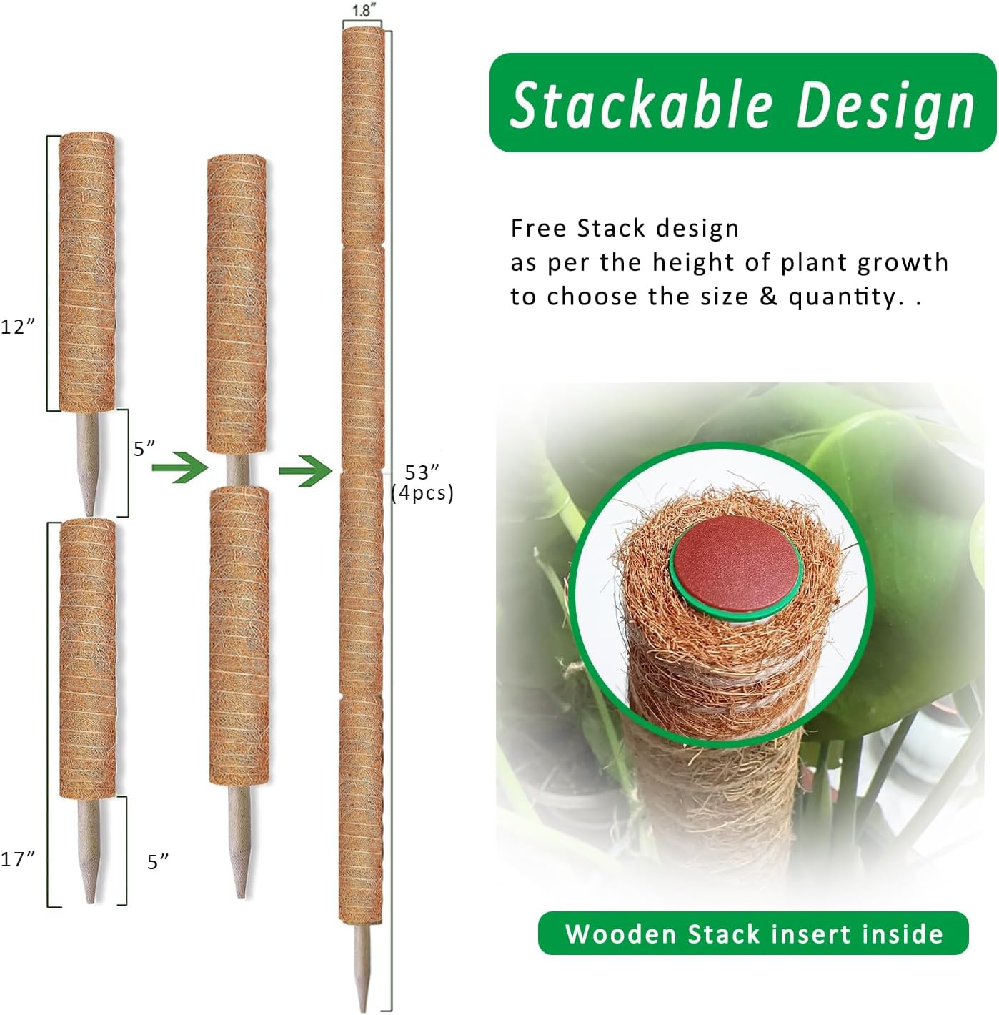 Moss Pole, 4 Pack 17Inch Monstera Plant Support for Climbing Plants Accessories Indoor -Stackable Moss Poles Plant Support Stakes -Coir Plant Pole Sticks for Potted Plants -Pothos, Tall Plant Trellis