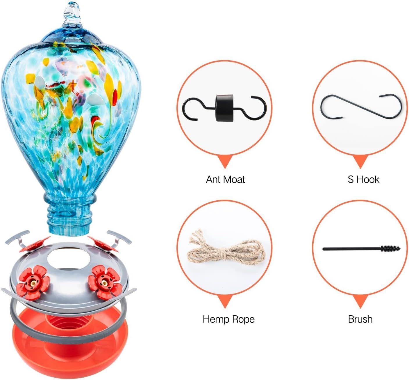 Muse Garden Hummingbird Feeders for Outdoors Hanging, Blown Glass Hummingbird Feeder Unique Gifts for Women, Containing Ant Moat, Garden Decor, 34 Ounces, Blue Chatoyant