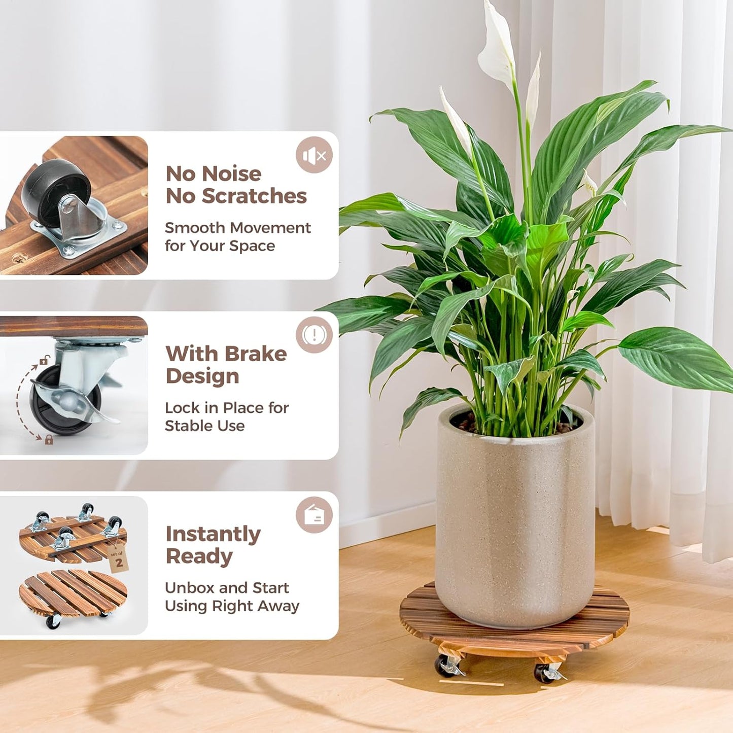 Bamworld Plant Stand Outdoor Rolling Tray Plant Caddy with Wheels 12in Plant Caster with Wheels Planter Caddy Flower Cart Plant Dolly for Heavy Duty Large Plants Plant Rollers (2 Pack )