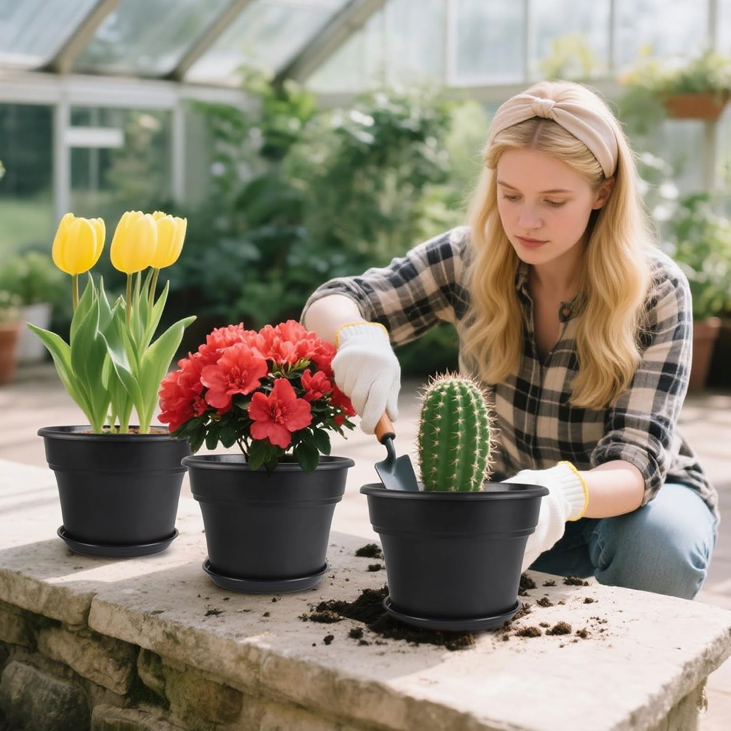 10-inch-Plant-Pots-Indoor-Outdoor, 4 Pack Plastic Planters with Drainage Holes & Saucers, Resin Flower Pots with Trays, Classic Garden Pot Container for House