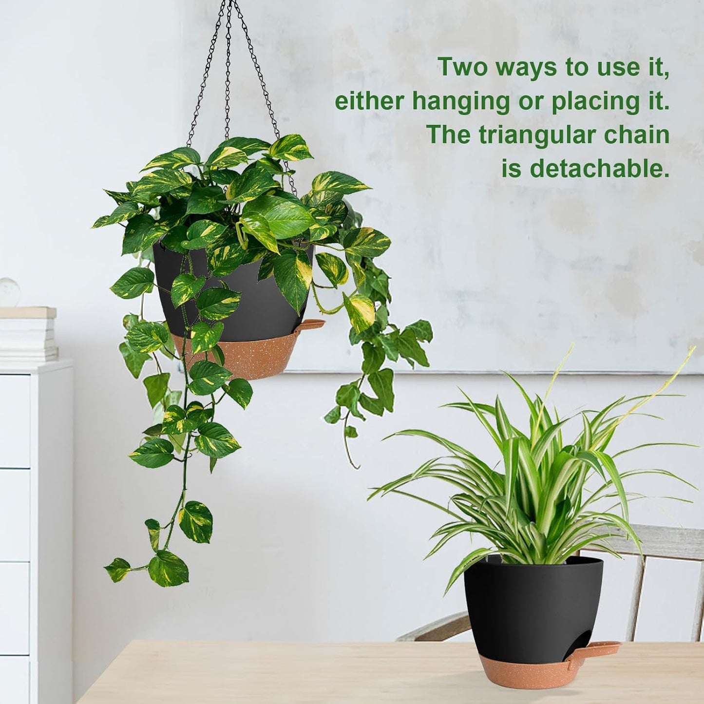 3 Pack Hanging Planter Indoor Outdoor Flower Pots 7/6.5/5 Inch, Self-Watering Hanging Pot with Drainage Holes Hanging Baskets Holder Plant Pots for Garden (Black)