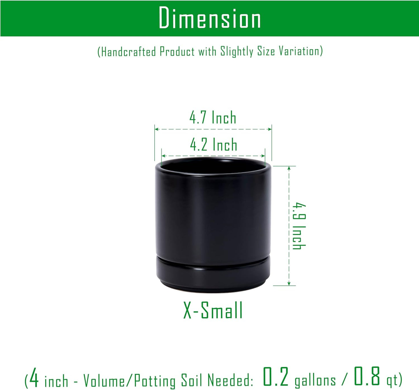 D'vine Dev Set of 2 Plants Pot, 4.7 Inch Ceramic Planter Pot for Plants with Drainage Hole and Saucer, Black, 94-V-B-2