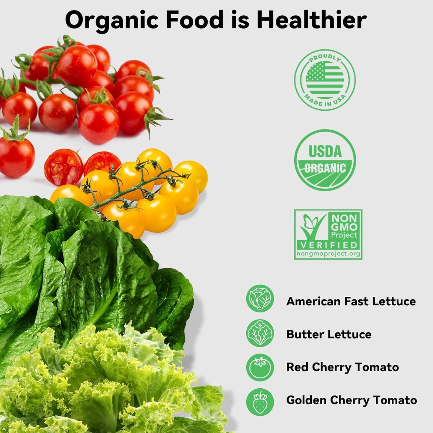 inbloom Organic Salad Seed Pod Kit for AeroGarden, Ahopegarden Hydroponics Growing System,Low-Calorie Food, 12-Pods (350+ Seeds, Include Fast and Butter Lettuce, Red Cherry and Golden Cherry Tomato)