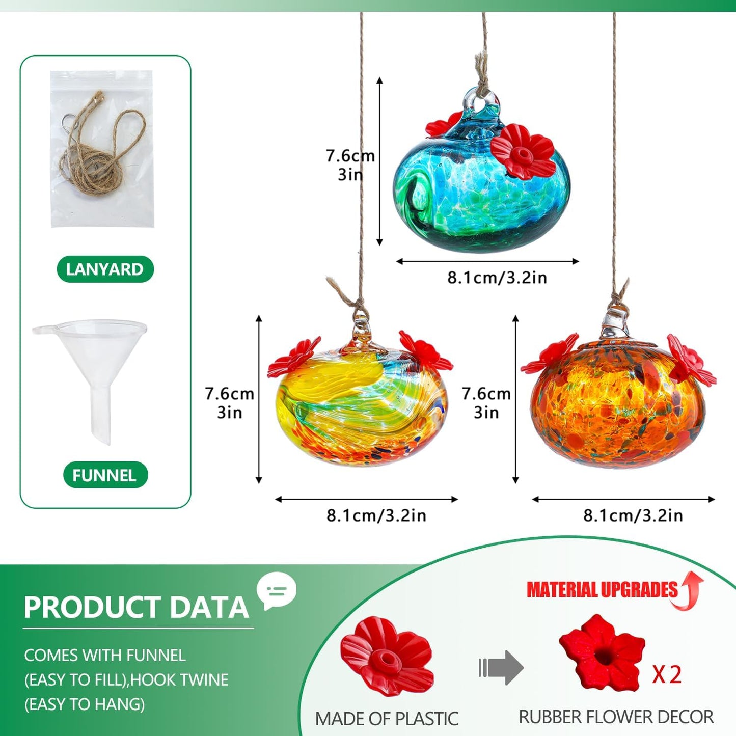 Set 3 Small Blown Glass Hummingbird Feeders for Outdoors Hanging with 2 Flower Feeding Ports Glass Humming Bird Feeders Garden Decor for Outside