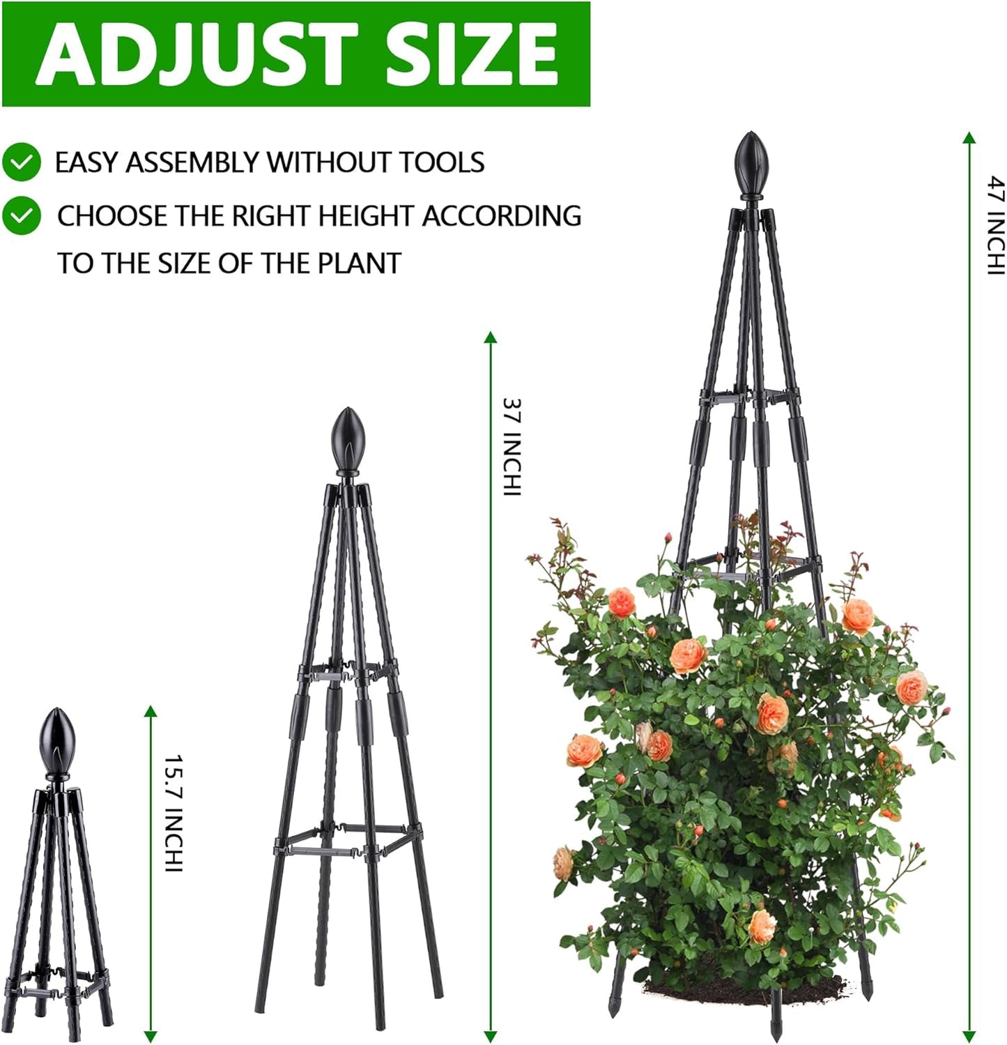 4 Ft Tower Obelisk Trellis for Potted Climbing Plants, Garden Trellis Rustproof Plastic Coated Metal Plant Support for Vegetables, Vines and Rose Bushes