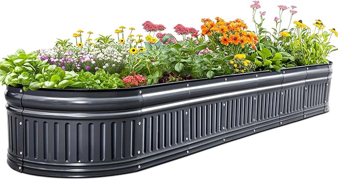 KING BIRD Raised Garden Bed Kit 2025 Upgraded Modular DIY Galvanized Planter Garden Box Outdoor for Gardening, Vegetables, Flowers, Elegant Roman Column Design, 94x24x12 in, Dark Grey