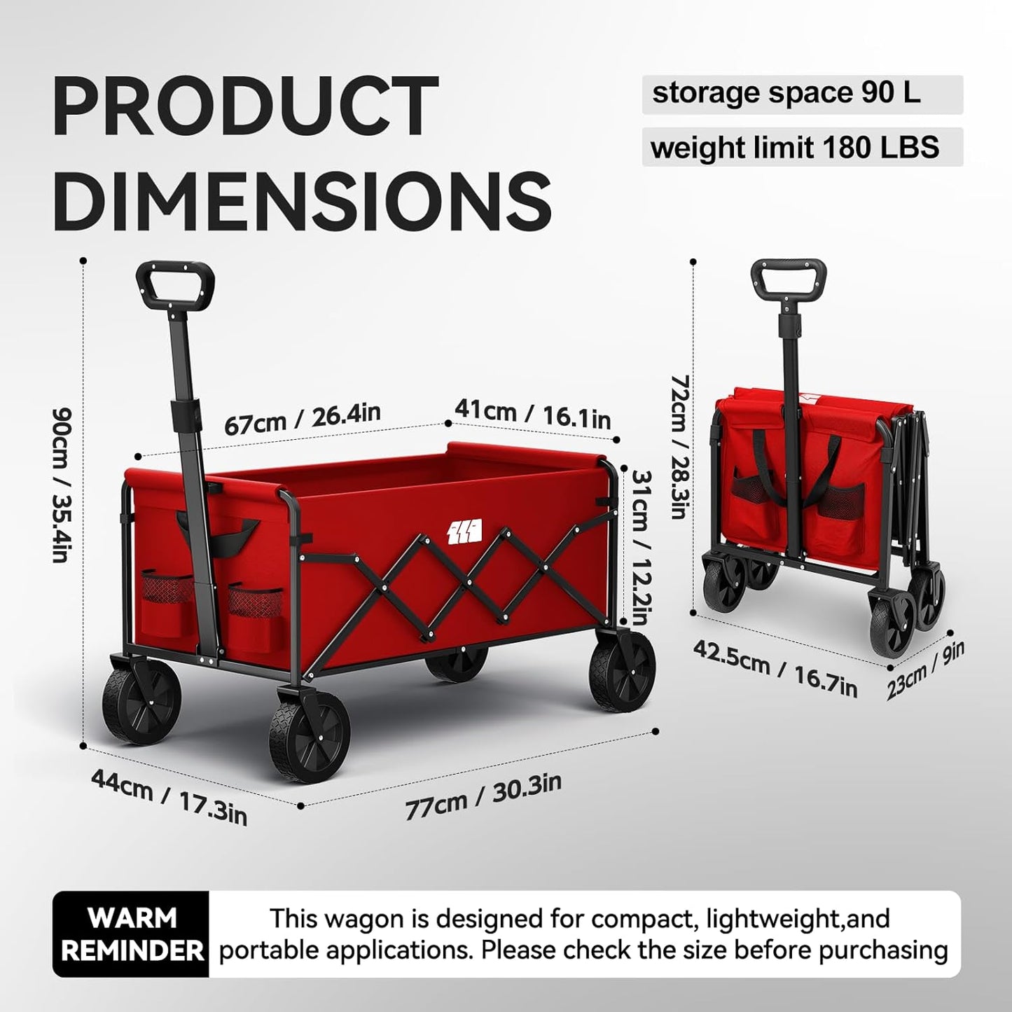 Collapsible Foldable Wagon, Foldig Cart with Wheel Heavy Duty with 180lbs Weight Capacity Lightweight Utility Camping Wagon for Groceries Garden Beach Sports Fishing (Coral Red)