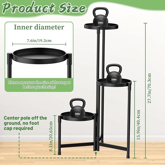 MOKANI Metal Plant Stand Indoor Outdoor for Multiple Plants, 3 Tiered Folding Corner Shelf Tall Flower Pot Holder Display Rack for Patio Living Room Balcony Garden, Black