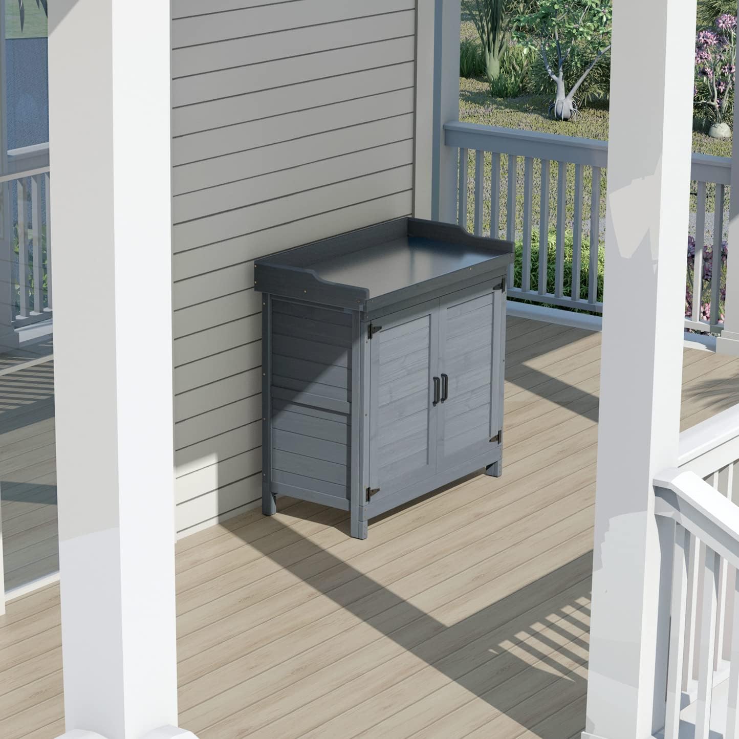 Outdoor Garden Patio Wooden Storage Cabinet Furniture Waterproof Tool Shed with Potting Benches Outdoor Work Station Table (Gray)
