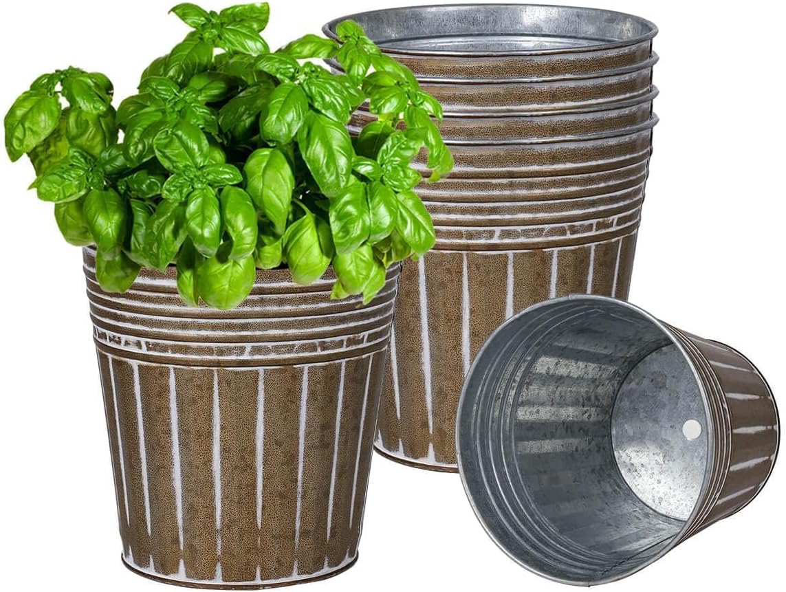 6 Inch Brown Metal Rustic Flower Pots - 6Pcs Galvanized Planters with Drainage Hole and Rubber Plug, Rustproof Small Metal Bucket Plant Pots Farmhouse Vintage Style for Decor