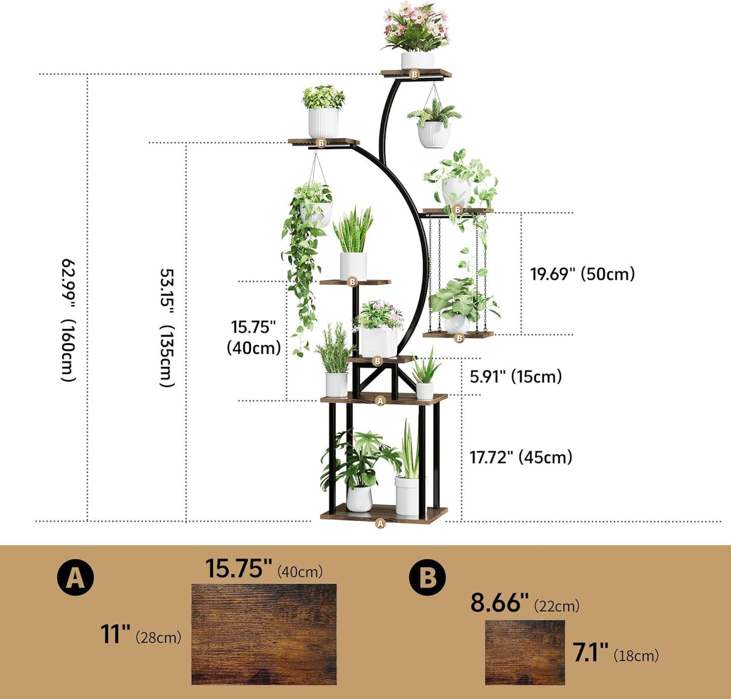 Plant Stand Indoor with Grow Lights, 8 Tiered Corner Plant Shelf, 63" Tall Plant Hanger Indoor for Multiple Plants, Metal Plant Flower Holder, Plant Rack for Display, Patio, Home Decor