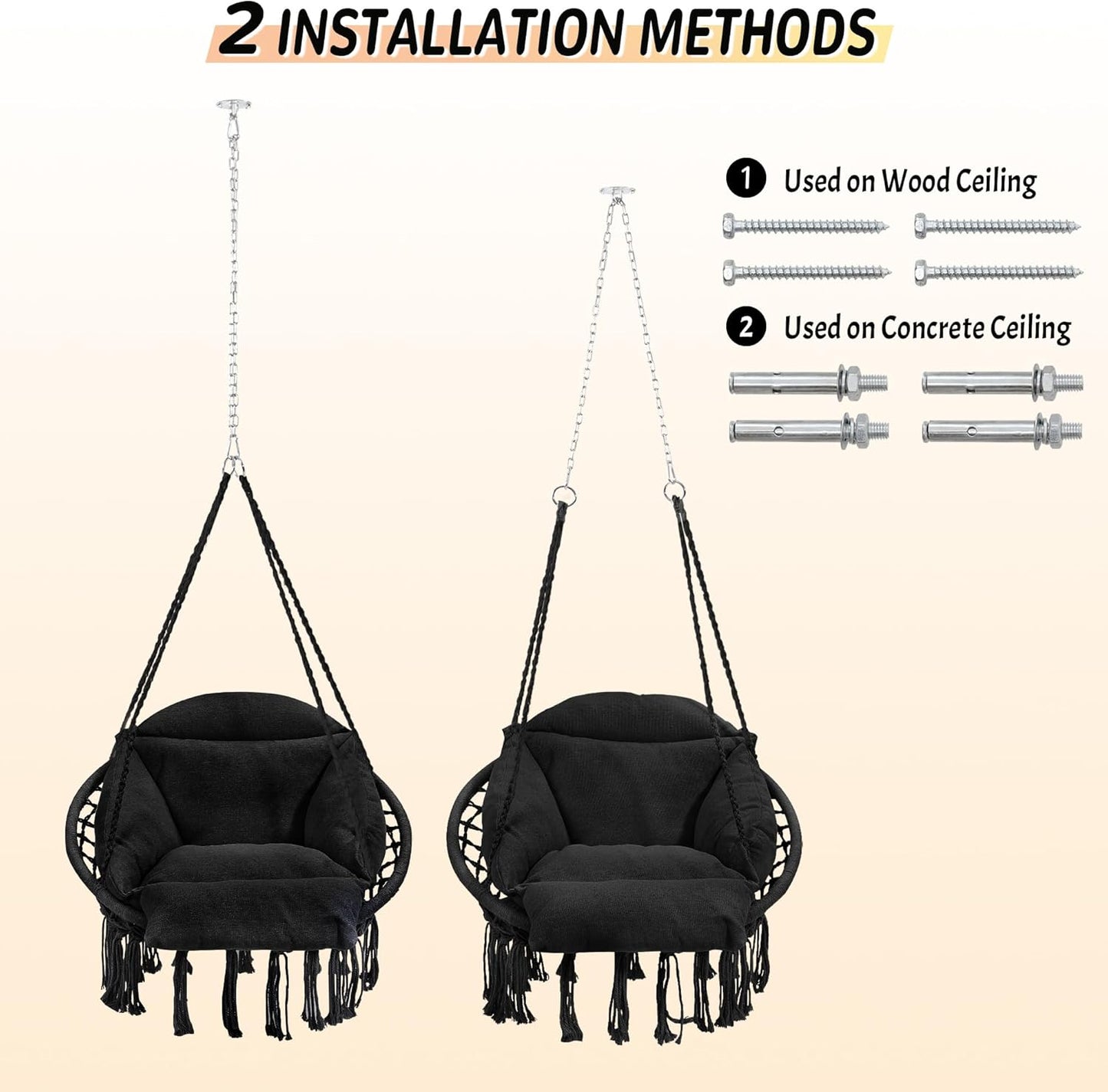 Macrame Hammock Hanging Swinging Chair with Oversized Cushion, Perfect for Bedroom, Porch, Kids, Adults, Balcony, Black