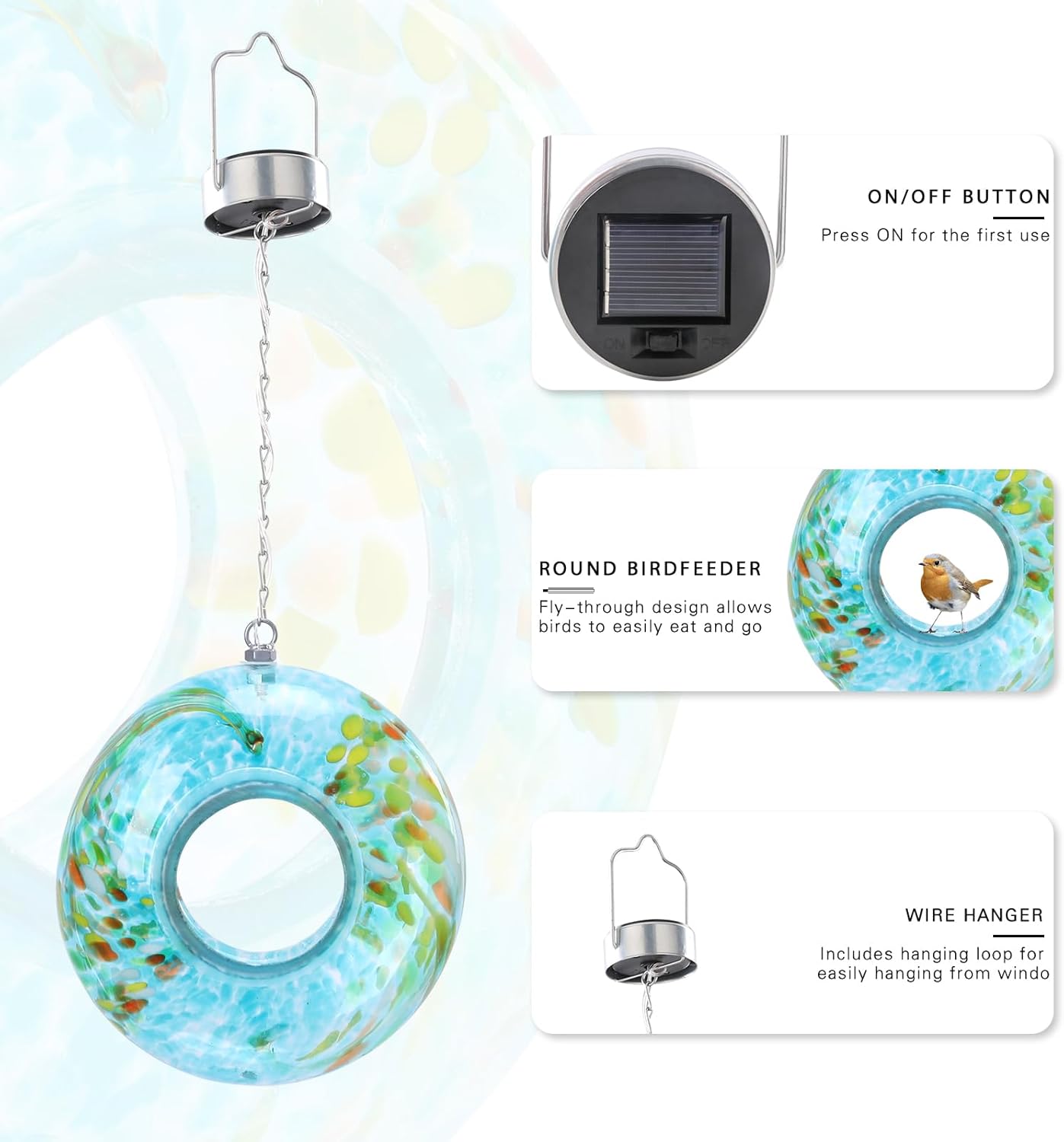 VCUTEKA Bird Feeder Solar Fly Through Bird Feeders for Outside Hanging with Round Shape Glass Container to Attract Wild Birds for Garden Decor, Blue 8"