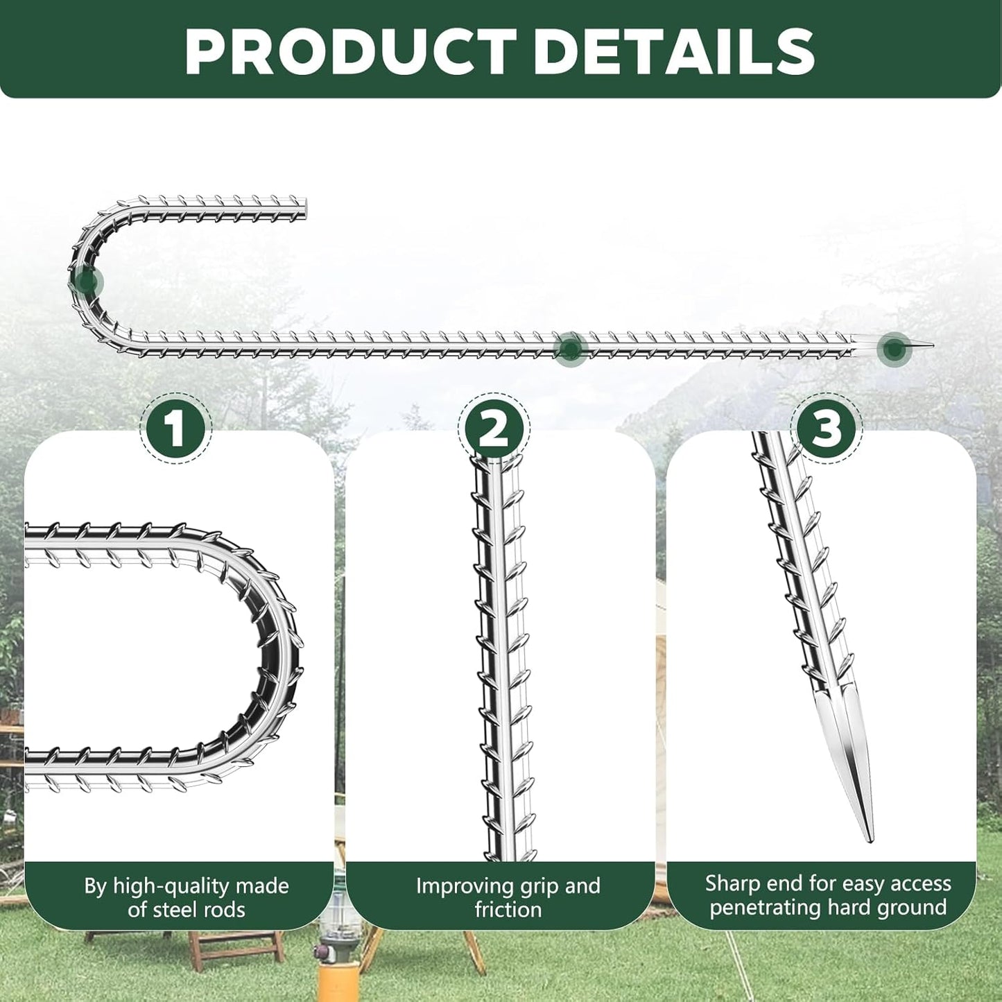 20 Pieces 12 Inch Long 5/16 Inch Diameter Rebar Tent Stakes Heavy Duty, Ground Anchors,Rebar Yard Fence Metal Lawn Bounce House Stakes Heavy Duty, Chain Link Fence J Hooks for Garden Wire Fencing