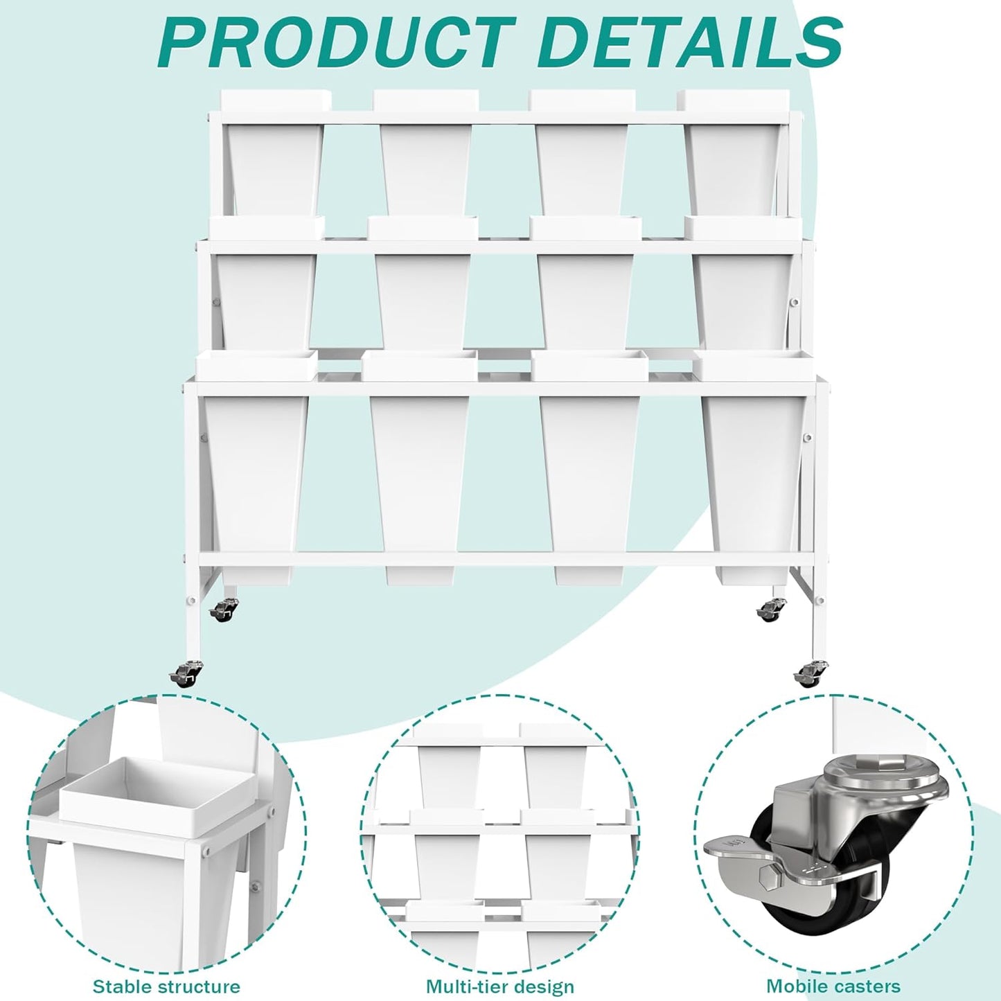 Putros Flower Display Stand with 12 Buckets White 3 Layers Metal Floral Cart with Wheels Moving Florist Bouquet Bar Plant Shelf for Indoor Outdoor Patio Garden Party Decor