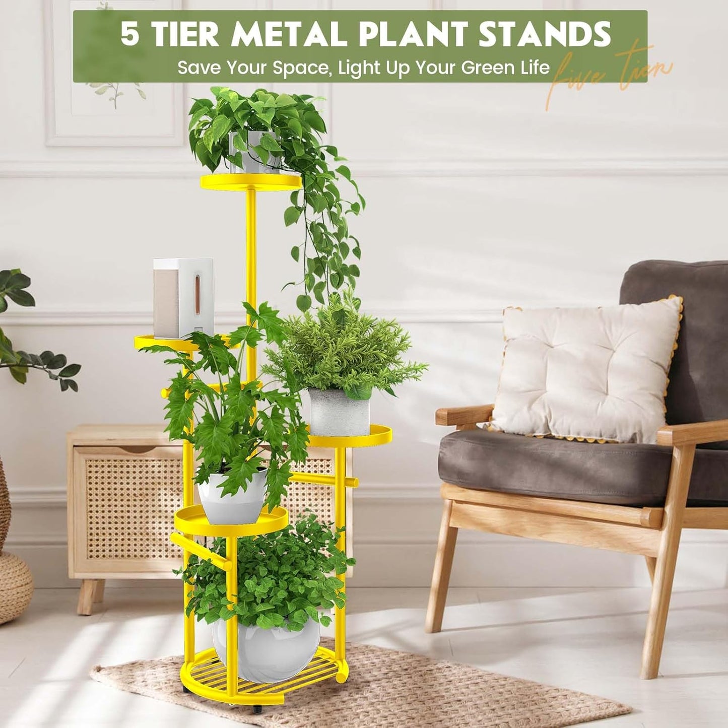 TOSKING 5 Tier Metal Plant Stand Indoor， Plant Shelf, Corner Shelf Flower Pot Stand for Outdoor Plant Stand for Living Room Balcony Garden Patio Bedroom (yellow, 38in)