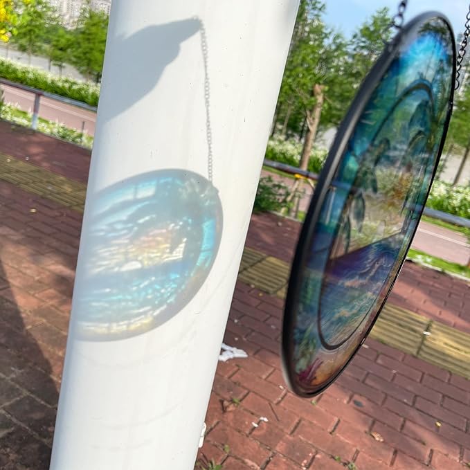 RIVEENY Blue Ocean Sunset Glass Window Hanging Decor,8" Stained Glass Sun Catcher Hanging Decoration with Metal Chain-Sun Catchers for Window Decor Outdoor Garden Decor Gift (Oceans)