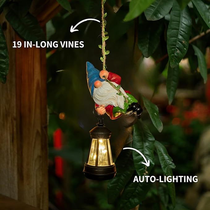 Solar Hanging Gnome Garden Statue Climbing Rope Gnome with LED Lantern Outdoor Decor Tree Hugger Yard Porch Wall Decoration Christmas Gardening Gift for Mom