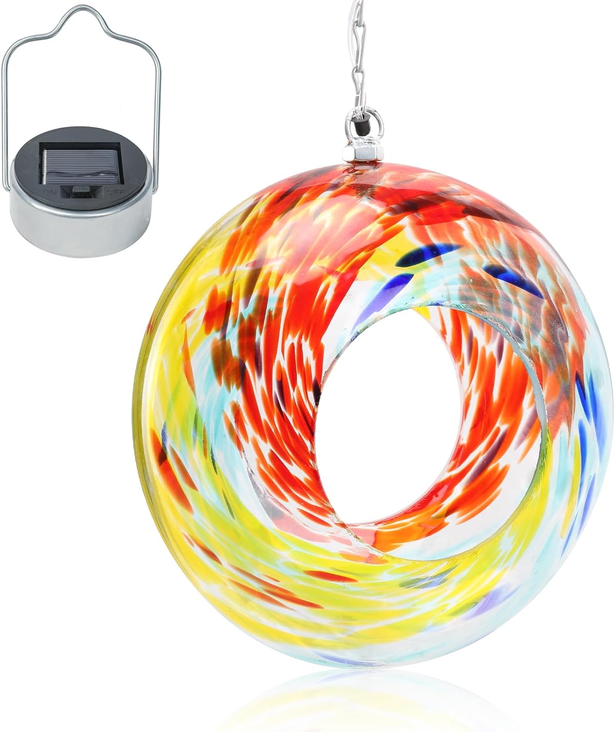 VCUTEKA Bird Feeder Solar Fly Through Bird Feeders for Outside Hanging with Round Shape Glass Container to Attract Wild Birds for Garden Decor, Solar Birdfeeder as Gift for Lovers, Red 8-Inch