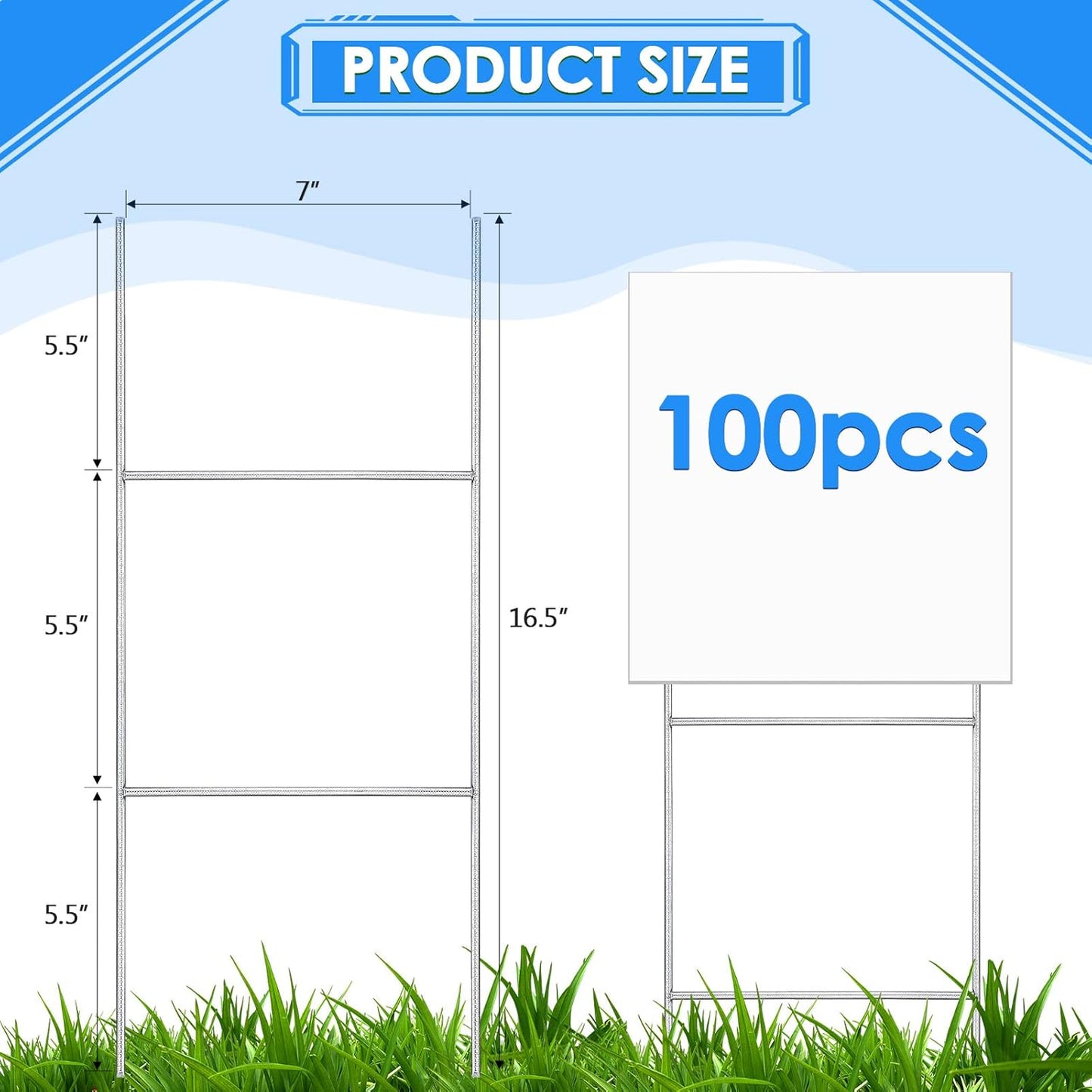 100 Pcs H Stakes for Yard Signs 16.5'' x 7'' Heavy Duty Metal H Frame Wire Stakes Weatherproof Metal Holder for 4mm 5mm Corrugated Signs Guidepost Yard Halloween Decoration