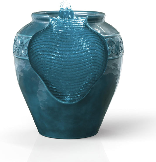 Teamson Home Floor Glazed Pot Water Fountain with Built-in LED Light and Pump for Outdoor Indoor Patio Garden Backyard Decking Home Décor, 17 inch Height, Teal
