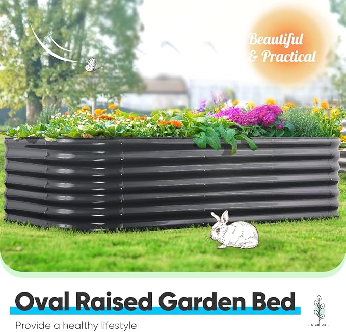 Quictent Galvanized Raised Garden Bed Kit, 8x4x2 ft Oval Metal Planter Box Tall for Vegetables Outdoor Backyard, Rubber Strip Edging Included (Dark Gray)