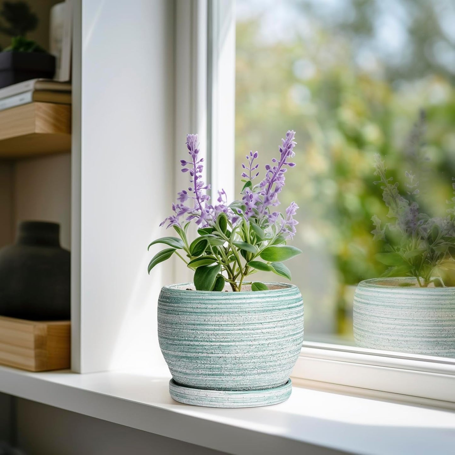 SQOWL Ceramic Plant Pots - 6 Inch Planter with Drainage Hole and Tray, Round Flower Pot for Indoor Plants, Decorative Succulent Planter Outdoor, Home House Decor, Gifts for Women Men, Green