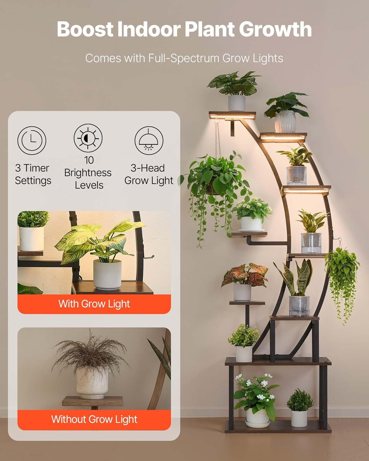 VEVOR Plant Stand Indoor with Grow Lights, 63 in Tall 9-Tier Lighted Plant Shelf, Metal Corner Plants Holder, 3 Timer & 10 Brightness, Curve-Shaped Flower Display Rack for Living Room Balcony Decor