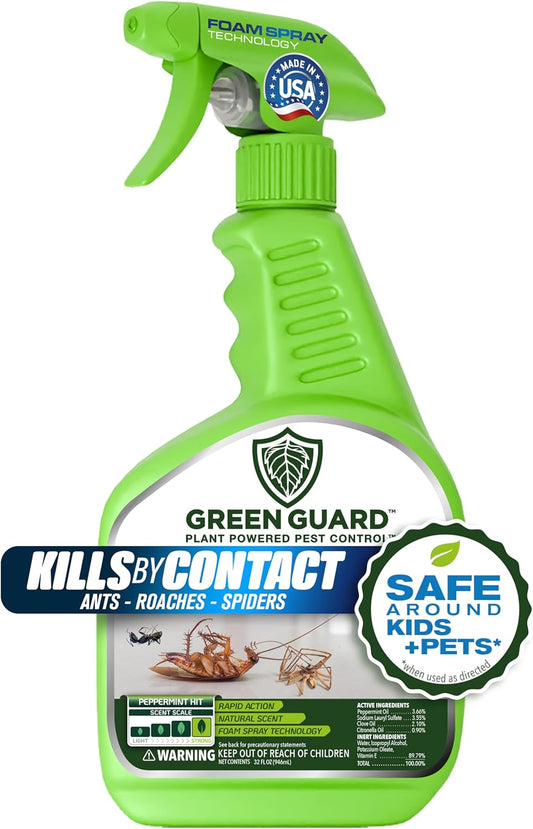 Green Guard Pest Control Spray - Indoor & Outdoor Killer of Ants, Roaches, Spiders & Other Crawling Insects, Safe Around Children & Pets, Plant-Based, Pleasant Scent (Peppermint Hit, 32oz)