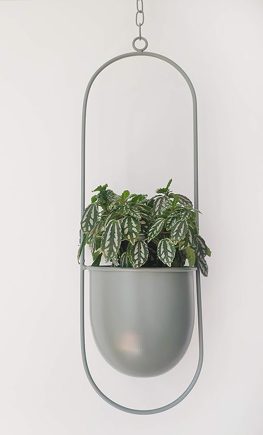 Boho Green Metal Plant Hanger,Metal Wall and Ceiling Hanging Planter, Modern Planter, Mid Century Flower Pot Plant Holder, Minimalist Planter for Indoor Outdoor Home Decor
