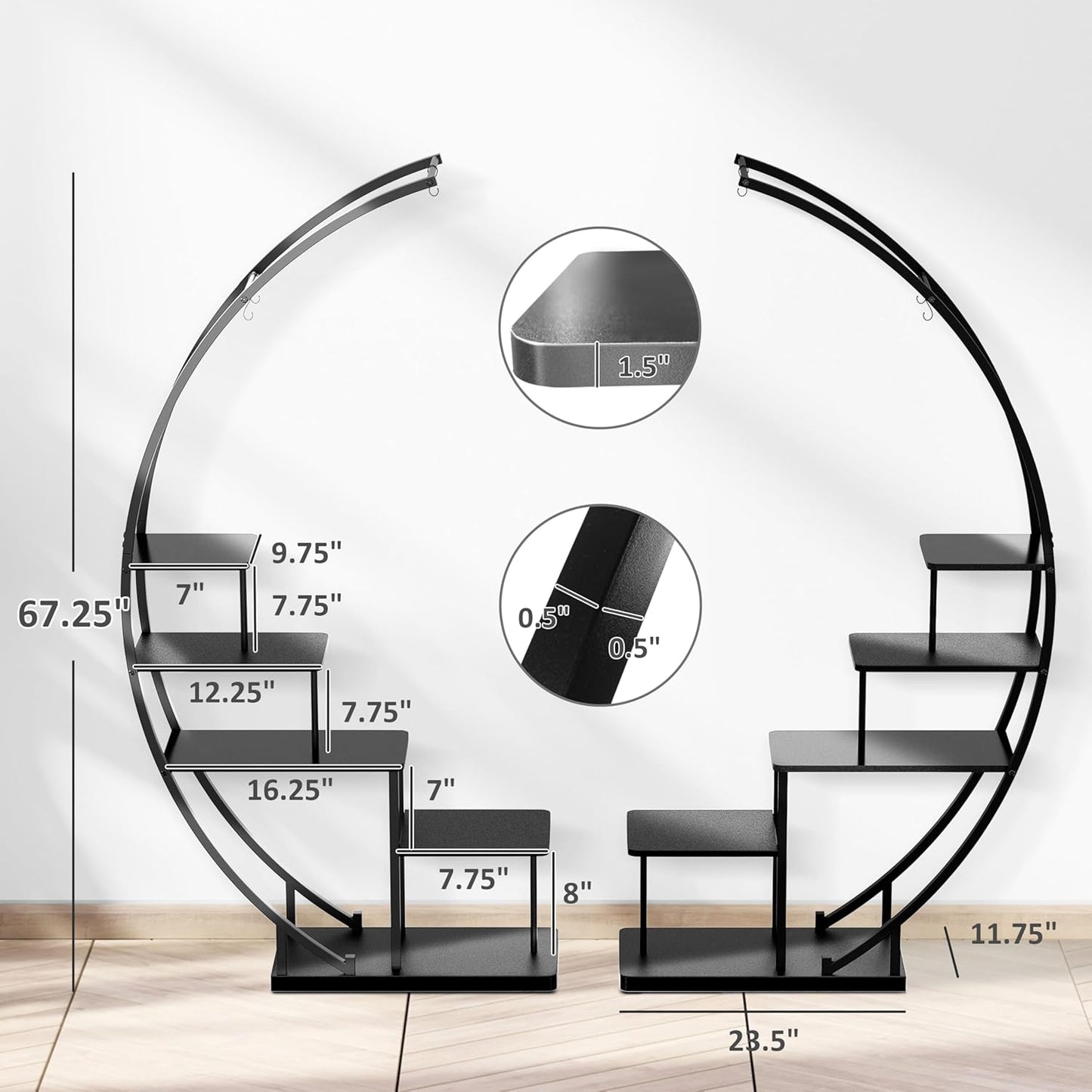 5 Tier Metal Plant Stand Indoor, 67.25“ Tall Half Moon Shape Multiple Stand Holder Shelf Planter Display, Hanging Shelf Flower Stand Ladder for Patio Garden Living Room, Black Set of 2