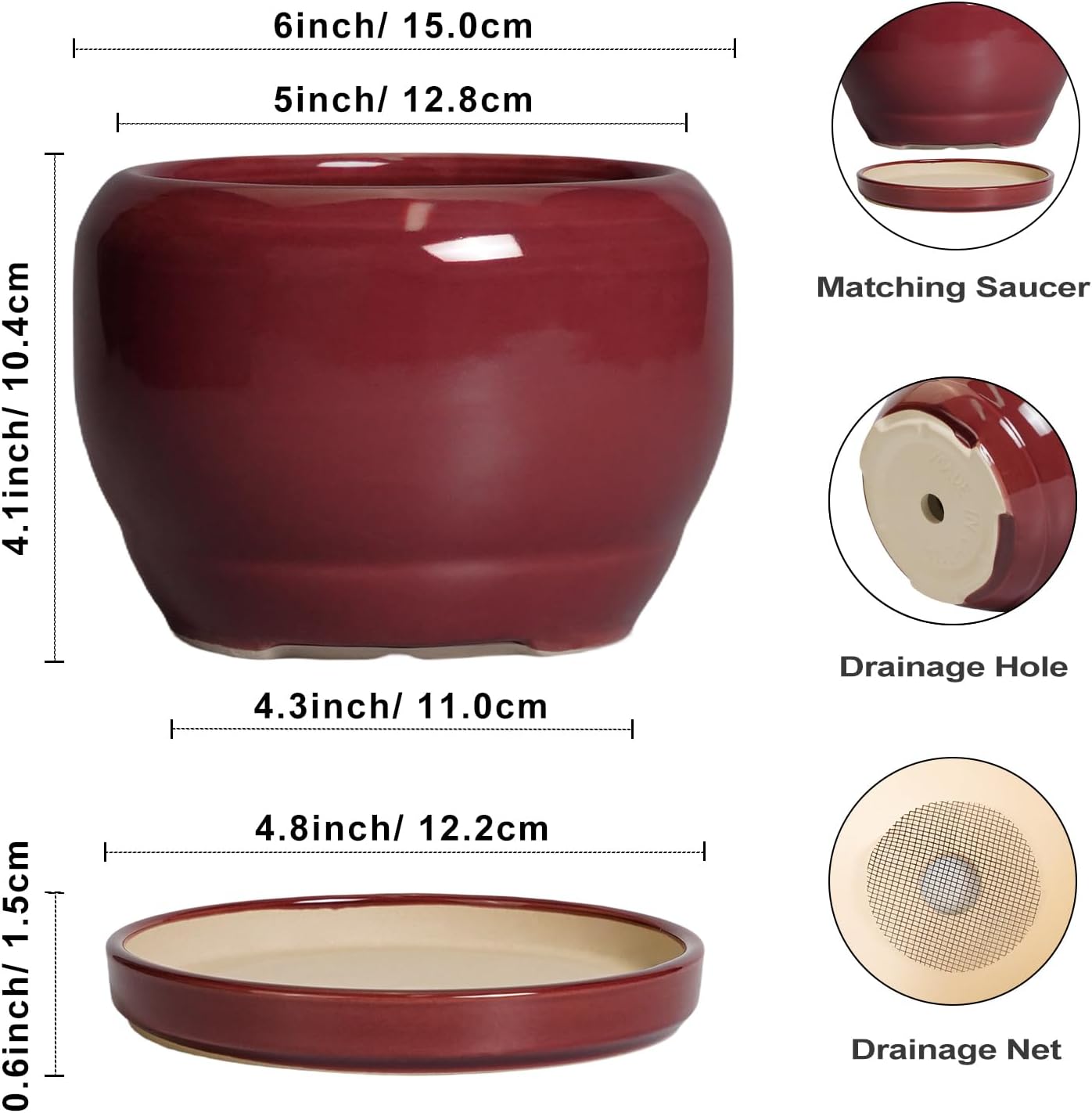 SQOWL 6 Inch Plant Pot - Ceramic Planter for Indoor Plants Outdoor, Round Planter with Drainage Hole and Saucer, Decorative Modern Small Flower Pots, Room Decor, Gifts for Plant Lovers, Red