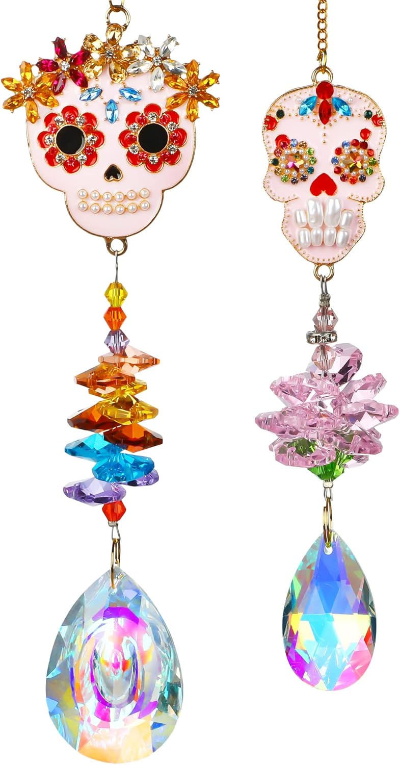Skull-Shaped Colorful Rhinestones Pendant, Crystal Beads Chain with Glass Chandelier Suncatcher Drops Prisms Hang Ornament, Pack of 2