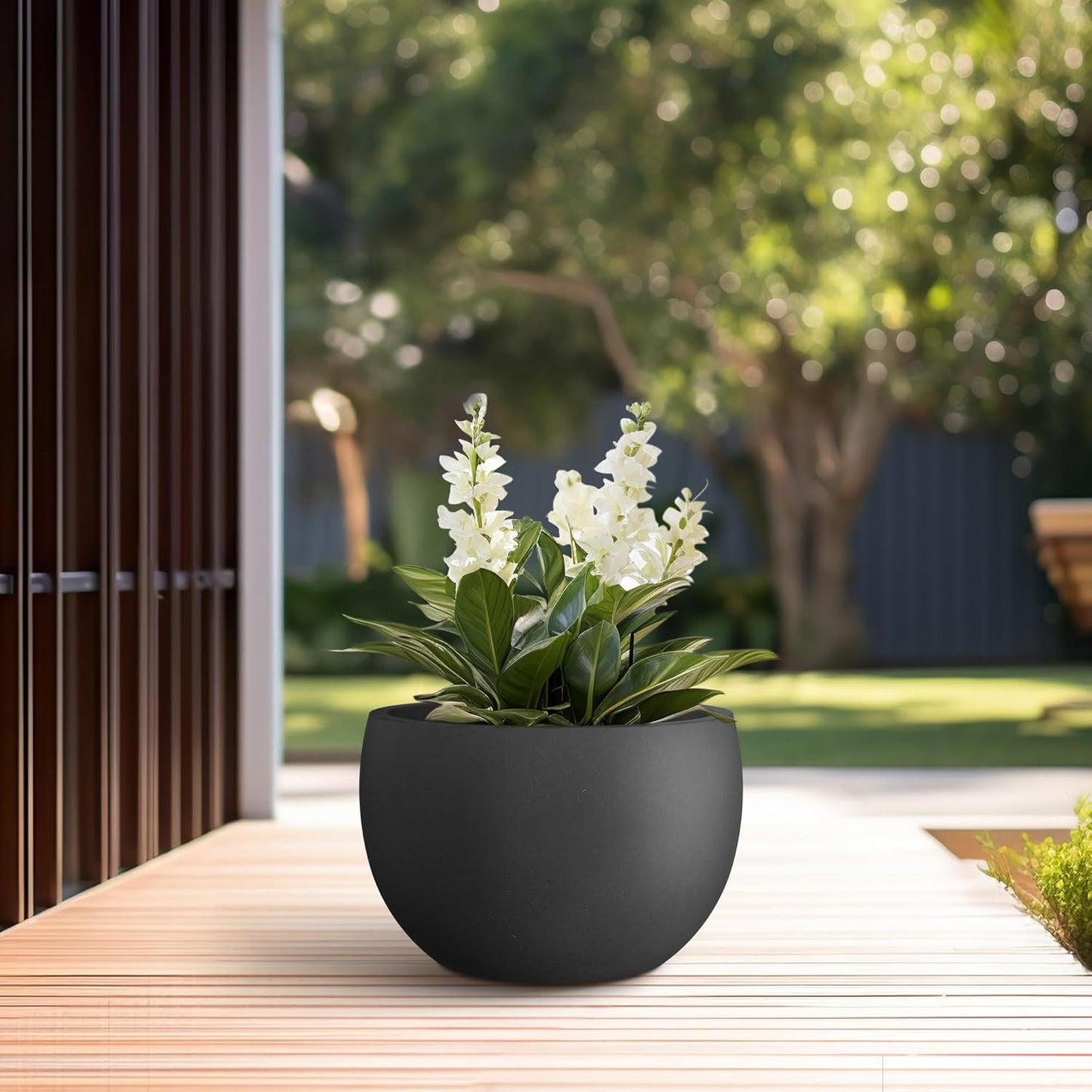Kante 11.8" Dia Round Concrete Planter, Outdoor/Indoor Large Bowl Plant Pots with Drainage Hole and Rubber Plug for Garden Patio Balcony Home, Black