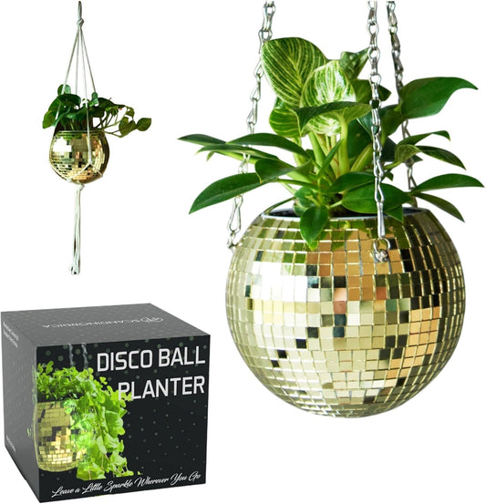 SCANDINORDICA Disco Ball Planter – Value Package: Mirror Disco Planter with Chain, Macrame Hanger and Acrylic Stand for Desk, Includes Self Watering Insert, Retro Decor | 6 inch Gold