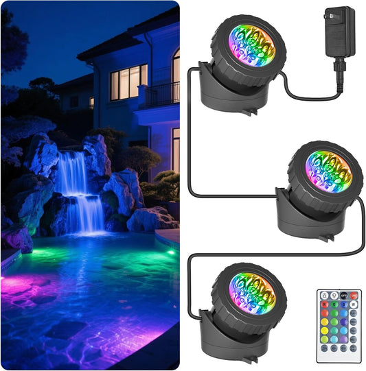 T-SUN LED Pond Light, 3 Head Lamps Submersible LED Pond Lights Color Changing Garden Pond Light with Remote Control, RGB Fish Tank Lights Fountain Spotlight for Garden, Pool, Aquarium Tank(3 Headlamp)