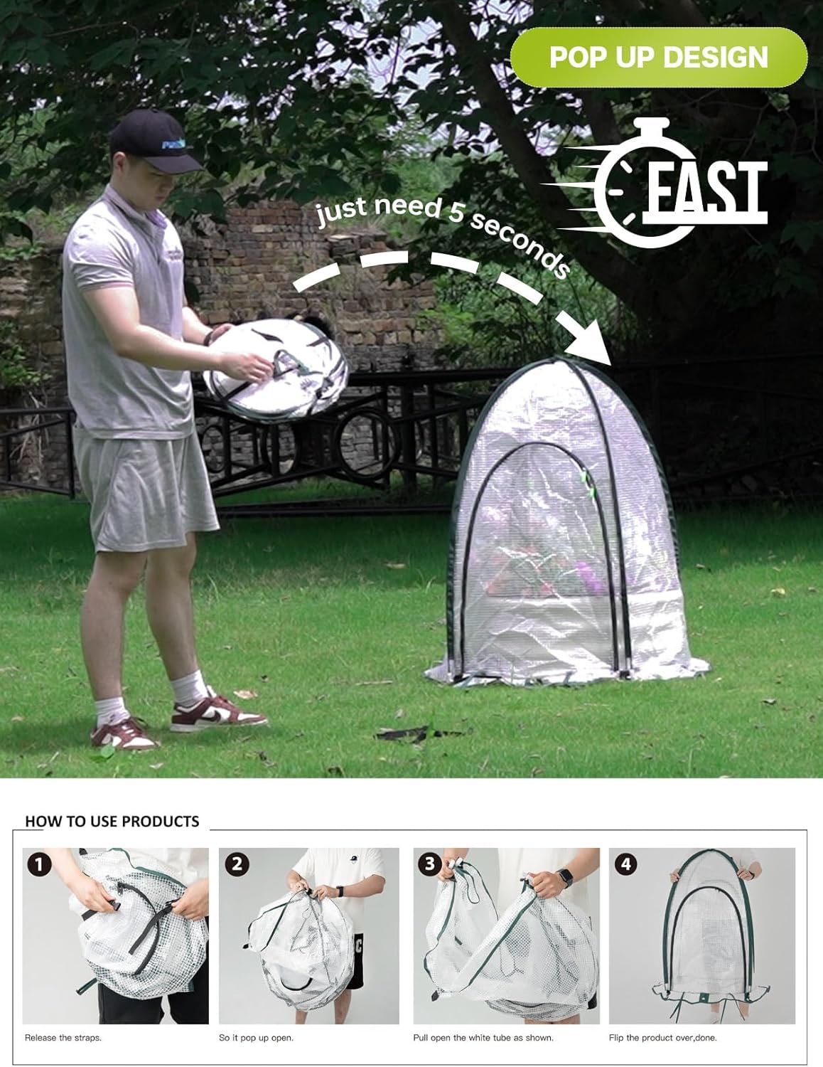 Pop up Greenhouse Tent Cover Tunnel Plant House,Large Gardening Flower Sunshine Room with Mesh Windows,Backyard PE Cover for Cold Frost Protector with Stakes and Rope Guys (Mini Size 29″)