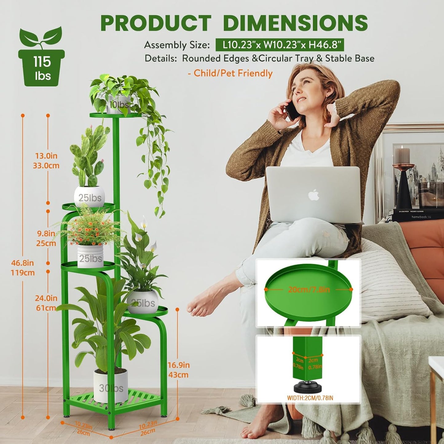 TOSKING 5 Tier Tall Plant Stand Indoor Outdoor, Heavy Duty Corner Shelf for Plants & Decor, Space Saving 3.9FT Metal Flower Pot Stand for Balcony, Garden, Living Room, Patio (Green, 47in)