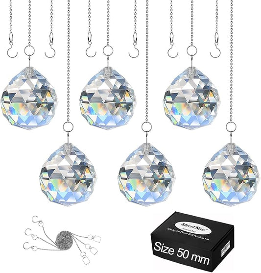 MerryNine 6 Pcs Clear Crystal Ball Prism Sun Shine Catcher Rainbow Pendants Maker, Hanging Crystals Prisms for Windows, for Feng Shui, for Gift (1.96"/50mm 6Pack)